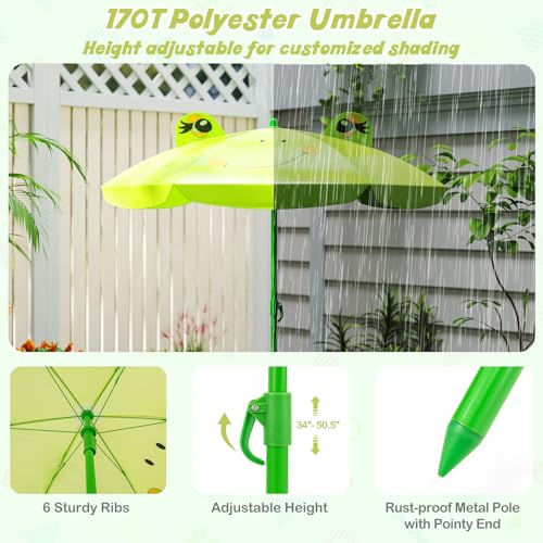 HONEY JOY Kids Picnic Table, Animal Themed Toddler Outdoor Table and Chair Set, 2 Folding Chairs & Removable Umbrella, Children Outdoor Furniture for Backyard Patio Garden (Light Green Frog) - color: Light Green Frog