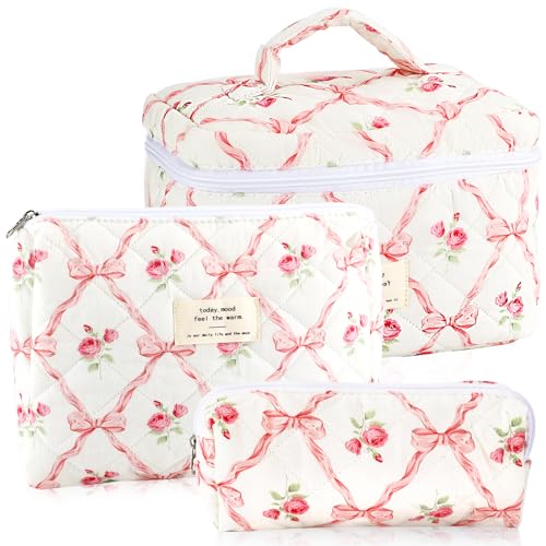 URSKYTOUS 3Pcs Makeup Bag Quilted Cosmetic Bag Set Bow Travel Large Makeup Pouch for Women Cute Portable Cotton Toiletry Bag Skincare Organizer Coquette Vintage Travel Essential - color: MM 3PCS Pink Bow