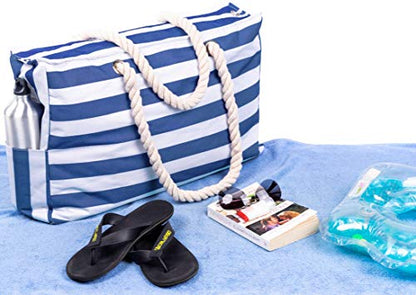 Beach Bag and Pool Bag Has Cooler Pocket, 7 Pockets Total, Zip Top. Family Size Waterproof Beach Tote - color: Navy Blue Cuttlefish
