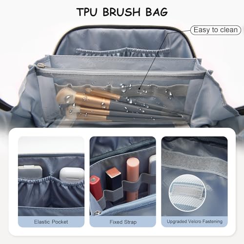 BOYATU Travel Makeup Bag Cosmetic Bag for Women: 3 Pcs Set Striped Make up Bag with Compartments - Waterproof Vegan Leather Toiletry Bags with Handle - Makeup Organizer for Travel Essentials(A-1-Blue) - color: A-1-Blue