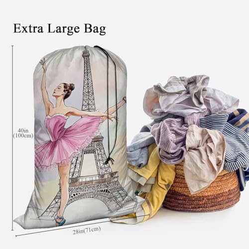 Swono Beautiful Ballerina Large Travel Laundry Bag - Washable Wet Dry Bag for Dirty Clothes - Dancer Posing on Eiffel Tower - Bathing Suit Workout Bag for Gym - color: Beautiful Ballerina