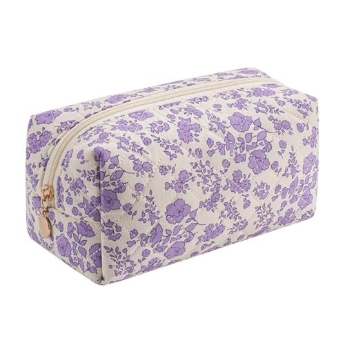Gleyemor Small Quilted Makeup Bag for Women, Cute Floral Bow Cosmetic Bag, Emergency Bag Travel Toiletry Cotton Pouch Gifts for Girls Her Mom Friend Sister Bridesmaid (Purple Floral) - color: Purple Floral