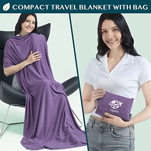 PAVILIA Travel Blanket Compact, Airplane Packable Bag, Soft Fleece Portable Throw Pillow Combo Set, Plane Flight Car Trips Essentials Gift Accessories, Luggage Backpack Clip, Purple, 65 x 40 Inch - color: Purple