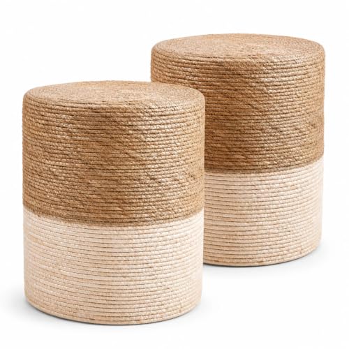 Wimarsbon Round Pouf Ottomans, Handwoven Natural Water Hyacinth Seagrass Pouffe,Outdoor Rattan Stool Accent Seat, Bohemian Coastal Home Decor (2pcs 14inch Natural Cattail-Beige) - color: 2pcs 14inch Natural Cattail-beige