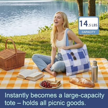 2 in 1 Tote Picnic Blanket Waterproof Outdoor Camping Mat,Large Capacity Beach Blanket 80''x80'' 7 Layers Easy to Foldable and Carry. - color: Bluecheck