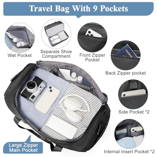 Travel Duffel Bag, Carry-on Overnight Weekender Bags with Shoes Compartment | For Spirit Airlines 18x14x8 Personal Item Bag,Wet Pocket,3 Pcs Set,Small - color: Black 3Pcs Set, size: Small
