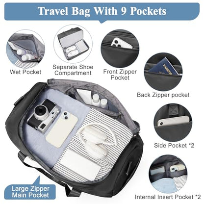 Travel Duffel Bag, Carry-on Overnight Weekender Bags with Shoes Compartment | For Spirit Airlines 18x14x8 Personal Item Bag,Wet Pocket,3 Pcs Set,Small - color: Black 3Pcs Set, size: Small