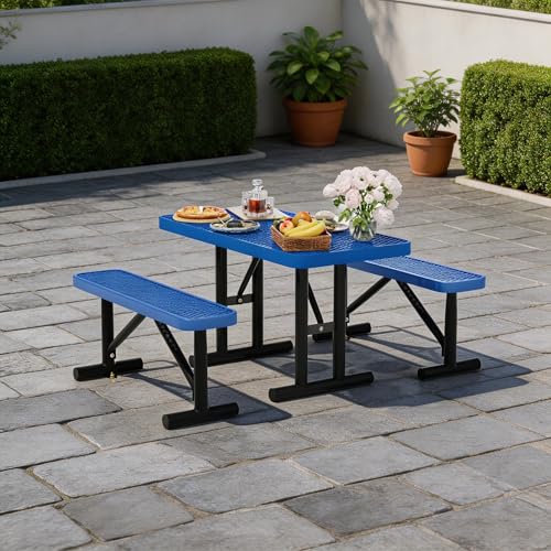 4FT Outdoor Metal Picnic Table with 2 Benches,Heavy Duty Rectangular Picnic Table Set for Outside, Waterproof Commercial Restaurant Table Furniture for Park, Campfield, Patio, Garden, Yard - color: Set B-blue, size: 4FT