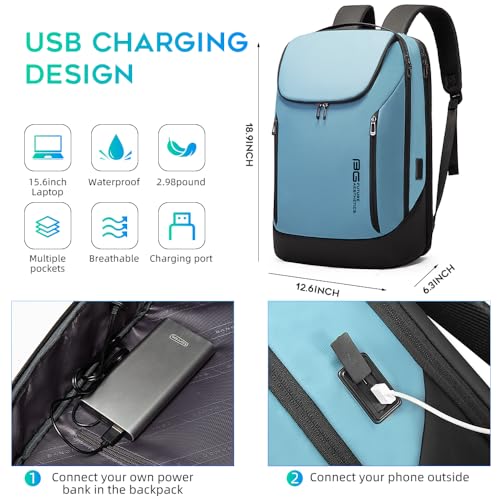 BANGE Business Smart Backpack Waterproof fit 15.6 Inch Laptop Backpack with USB Charging Port,Travel Durable Backpack (Light Blue(three Pocket), Medium) - color: Light Blue