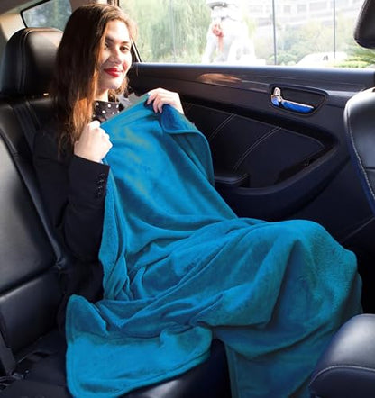 BlueHills Travel Blanket Pillow in Mini Soft Case Premium Plush Airplane Blanket in Soft Bag Compact Pack with Luggage Belt and Backpack Clip Airline Car 2 in 1 Traveler Essentials - Teal Blue M03 - color: Teal-m03