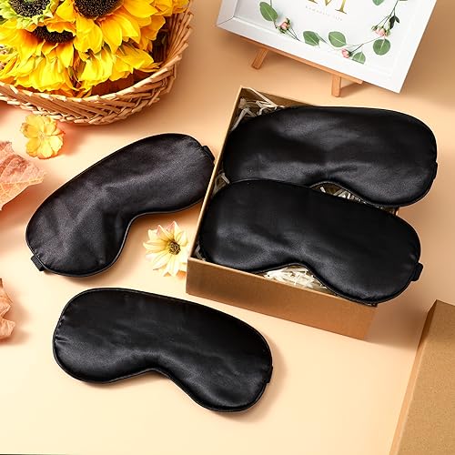 BBTO 4 Pcs Silk Sleep Eye Masks Smooth Soft Satin Eye Covers with Adjustable Strap Blindfold for Sleeping Blocking Out Lights Travel Relaxation (Black) - color: Black