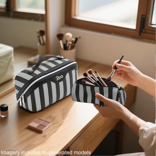BOYATU Travel Makeup Bag Cosmetic Bag for Women: 3 Pcs Set Striped Make up Bag with Compartments - Waterproof Vegan Leather Toiletry Bag with Handle - Makeup Organizer for Travel Essentials(A-4-Black) - color: A-4-Black