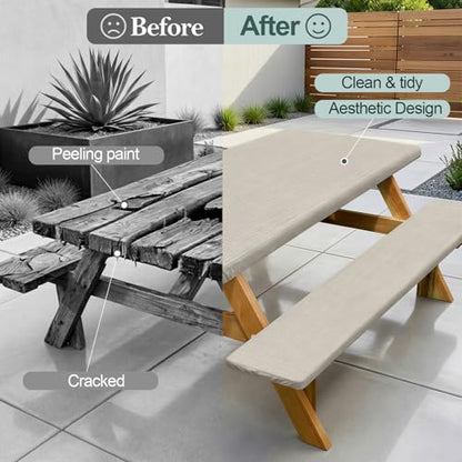 Picnic Table Cover with Bench Covers Camping Essentials Waterproof Windproof Camping Tablecloth with Drawstring Bag, Fitted Rectangle Tables and Seats, 72in, Beige Linen Texture - color: Beige Linen Texture, size: 72in