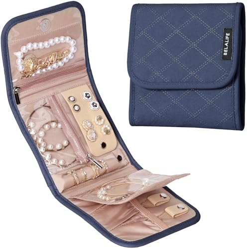 BELALIFE Travel Jewelry Case Organizer, Small Foldable Storage Roll for Earrings, Necklaces, Rings, Bracelets, Brooches, Blue-Gray - color: Blue-Gray, size: Small