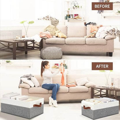 3 Pack Large Capacity Storage Bins Closet Organizer for Shelves, Fabric Closet Storage Baskets Boxes with Leather Handles for Organizing Clothes, Sheets, Jeans, Toys, Books (Grey) - style: 3 Pack Grey & White