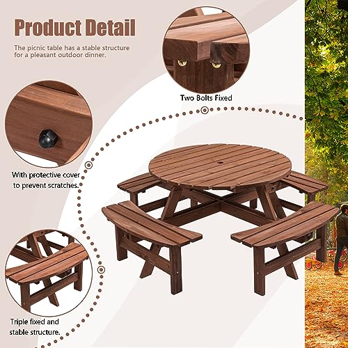 Round 8 Person Wooden Picnic Table Sets Outdoor Camping Dining Table with Seat Garden DIY w/ 4 Built-in Benches 2220lb Capacity - Brown - color: Brown-8-round