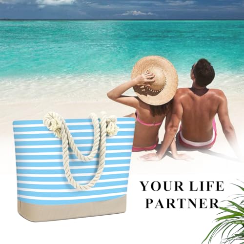Fokongna Tote Bag For Women, Beach Bag Best Friend Travel Birthday Gifts, Travel Parties Vacation Shopping Essentials - color: Blue White Stripes
