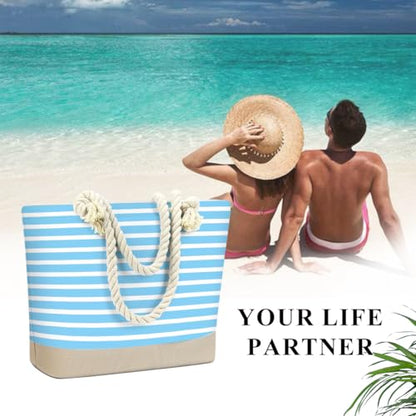 Fokongna Tote Bag For Women, Beach Bag Best Friend Travel Birthday Gifts, Travel Parties Vacation Shopping Essentials - color: Blue White Stripes