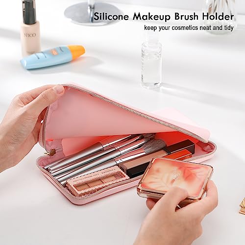 FVION Zipper Makeup Brushes Bag For Travel, Large Silicone Makeup Brush Holder, Make Up Brushes Pouch Case for Makeup Tools - Pink - color: Pink