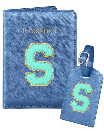 Slohif Passport Holder Initial Lugguage Tag Set Suitcase Cover Wallet Case for Travel Women - Leather Letter Passport Book Personalized Organizer Card Protector Sleeve Essentials Slim Carrier Blue S - color: Blue, style: S
