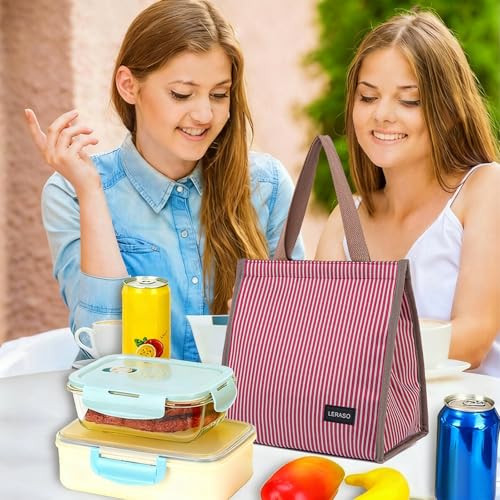 Insulated Lunch Bag for Work, 10.2"x5.9"x10.2" Oxford Waterproof Striped Canvas Tote Bag - color: Red White