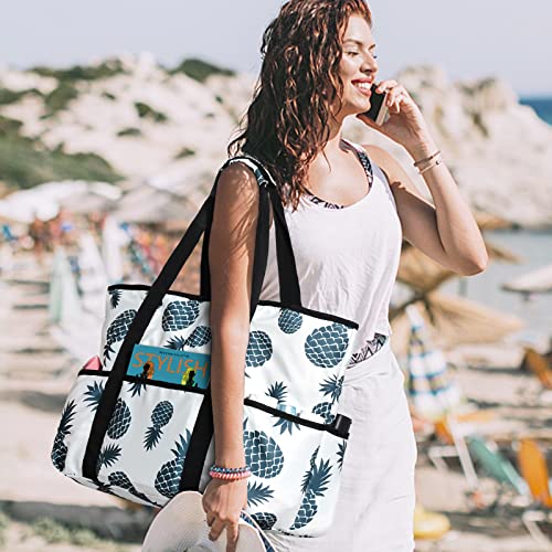 Becokan Beach Bags for Women Large Beach Tote Bag with Zipper Pockets Beach Bag Waterproof Sandproof Travel Nurse Tote Bag - color: Blue Pineapple