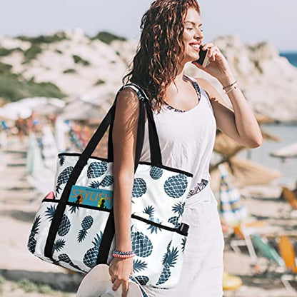 Becokan Beach Bags for Women Large Beach Tote Bag with Zipper Pockets Beach Bag Waterproof Sandproof Travel Nurse Tote Bag - color: Blue Pineapple