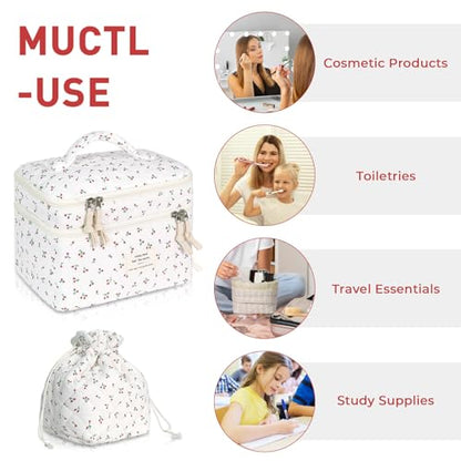Gosect Makeup Bag, Quilted Cosmetic Bag Set, Drawstring Makeup Bag with Canvas Lining, Large Floral Toiletry Bag for Women Girls, Cute Cotton Flower Travel Organizer Bag (White Cherry - color: White Cherry