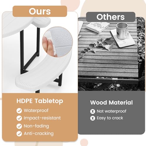 Tangkula 8 Person Picnic Table, HDPE Outdoor Round Table and Bench Set with 4 Built-in Benches, Umbrella Hole, Metal Frame for Garden Yard Patio Lawn - color: White