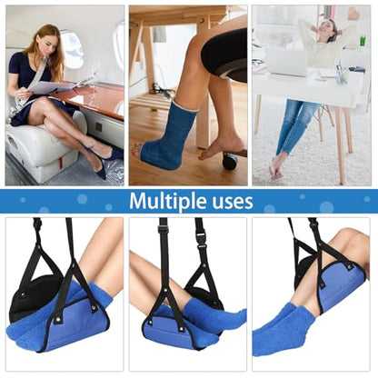 Yerliker Airplane Foot Hammock(Memory Foam) with Earplugs and Eye Mask Travel Necessities Adjustable Airplane Desk Foot Rest for Long Trip Pain and Swelling Relief(Blue) - color: Blue