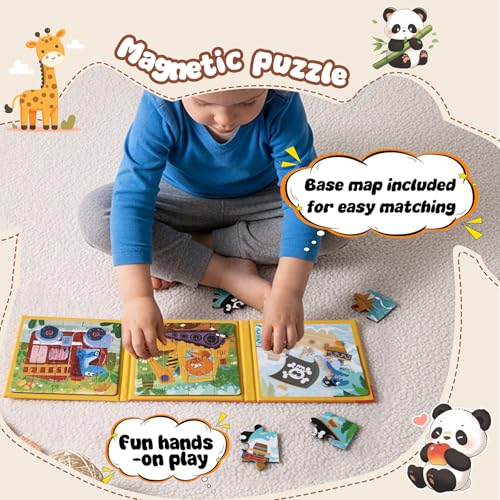 Magnetic Puzzles Super Set for Kids, 6 in 1 Montessori Learning Toys with 100 Pieces, Travel Activities for Toddlers Age 3-5, Preschool Puzzle Game Bundle with Animals, Pirate Ship, Fire Truck - color: Yellow & Green