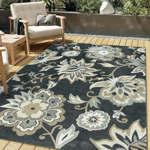 Lahome Floral Indoor Outdoor Rugs, 6x9ft Non Slip Outdoor Patio Rug for Deck Backyard, Soft Outdoor Area Rug for Camping Picnic Backyard, Washable RV Outdoor Rugs for Living Room Bedroom,Black - color: Black, size: 6'x 9'