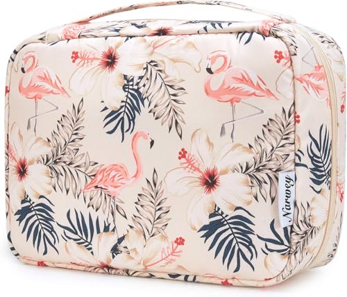 Narwey Small Hanging Travel Toiletry Bag for Women, Travel Bag for Toiletries, Makeup Bag Organizer Cosmetic Bags Make Up Bags for Girls - color: Beige Flamingo