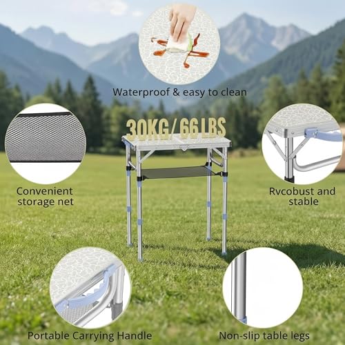 Small Folding Table Portable, 2ft Camping Pinic Table with 3 Adjustable Height, Aluminum Foldable Lightweight Patio Side Table with Carry Handle for Outdoor Indoor Hiking Camp BBQ Beach (White) - color: White