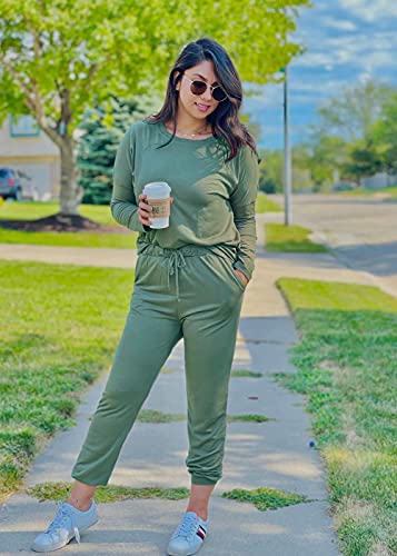 PRETTYGARDEN Women Fall 2 Piece Lounge Outfit Long Sleeve Tops High Waisted Jogger Pants Set Spring Travel Clothes Tracksuit - color: Light Green, size: Small