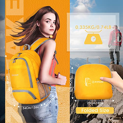 ZOMAKE Lightweight Packable Backpack 30L, Foldable Hiking Backpacks Water Resistant Compact Folding Daypack for Travel(Yellow) - color: Yellow