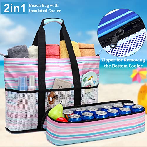 JIANYA Beach Bag Women Waterproof Sandproof Beach Tote Bags with Cooler Top Zipper Large Totes for Pool Travel Daily - color: Small Stripes Pink