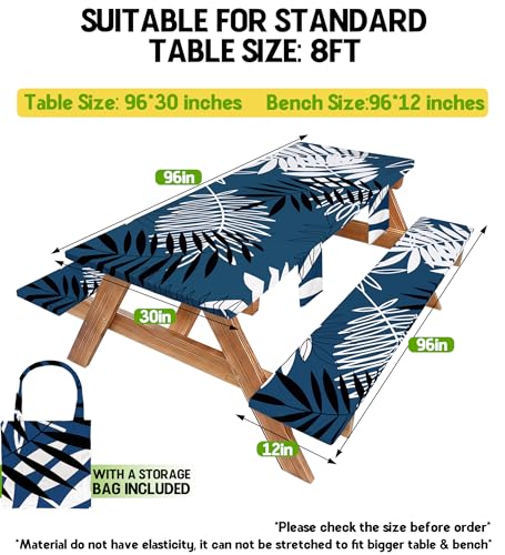 Picnic Table Cover with Bench Covers Tablecloth Glamping Essentials Gear Table Cloth Outdoor Summer Motorhome Cool Fun Unique Ideas Gifts for Camper Camping Lovers RV Owner Family Couple Dad Men Male - color: Blue White Leaves, size: 96in