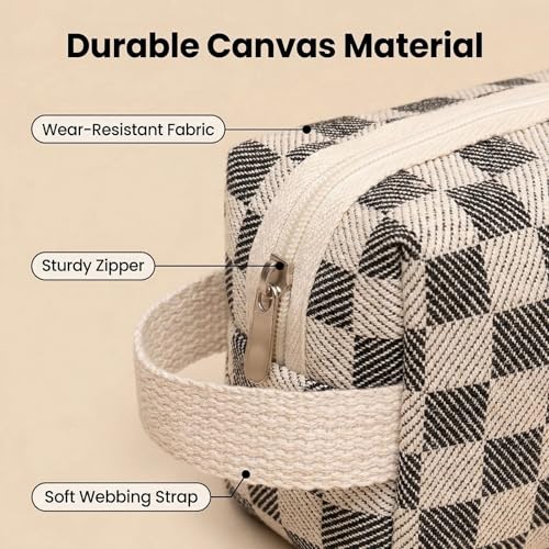 3 Pcs Canvas Makeup Bag Set Checkered Cosmetic Pouch for Women Travel Toiletry Bag Cute Makeup Organizer Purse Pouch Preppy Pencil Case with Zipper (Checkered Black) - color: Checkered Black