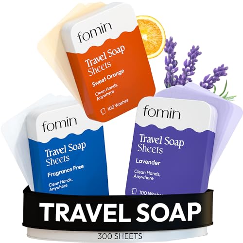 FOMIN - Paper Soap Sheets Tin for Traveling - 300 Variety (Unscented, Orange, Lavender) Portable Travel Hand Soap Sheets, Dissolvable Mini Camping Hand Soap for Hand Washing and Camping - color: Variety Pack-003 (Unscented, Orange, Lavender)