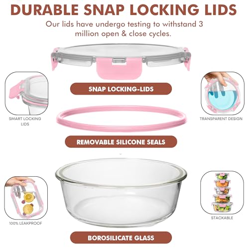 Razab 30 PC Glass Food Storage Containers with Lids - Reusable Glass Meal Prep Containers for Lunch and Leftovers - Airtight & Leakproof Snap Locking Lids - Oven, Freezer, Microwave, Dishwasher Safe - color: Pink