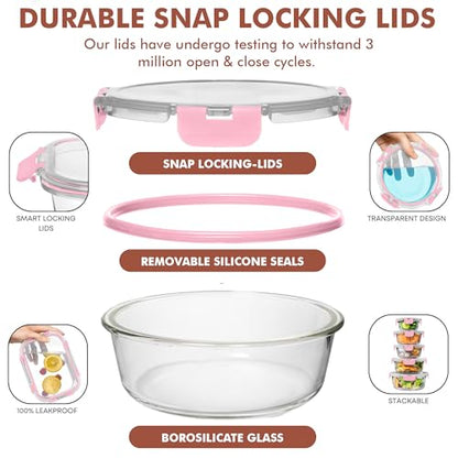 Razab 30 PC Glass Food Storage Containers with Lids - Reusable Glass Meal Prep Containers for Lunch and Leftovers - Airtight & Leakproof Snap Locking Lids - Oven, Freezer, Microwave, Dishwasher Safe - color: Pink