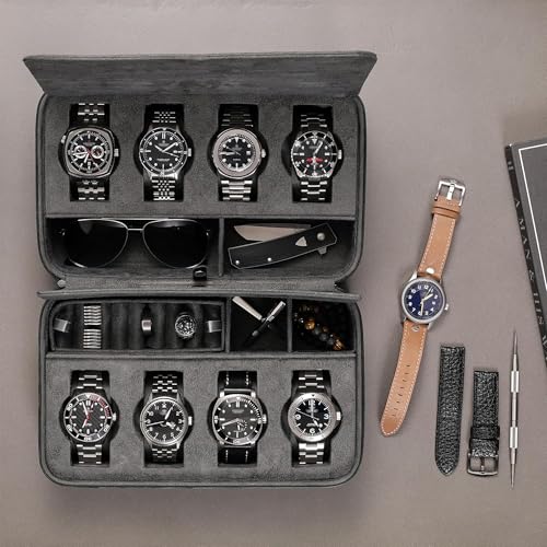 ROTHWELL 8 Watch Travel Case Storage Organizer for 8 Watches, Sunglasses, Rings & Cufflinks |Tough Portable Protection with Zipper Fits Most Wristwatches & Smart Watches Up to 50mm (Black/Grey) - color: Black/Grey