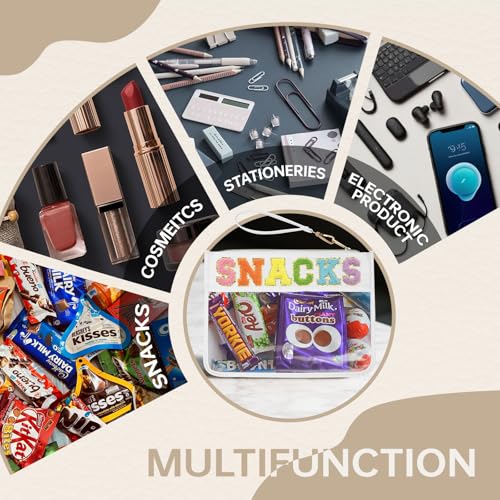 Snack Bag Clear Chenille Varsity Letter Zipper Pouch for Travel Nylon Clear Cosmetic Bag Makeup Travel Bag for Women (White-Snacks) - color: BS-SNACKS
