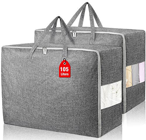 105L Extra Large Storage Bags, Folding Moving Comforter Blanket Storage Bags Closet Organizers and Storage Containers for Clothes with Strong Handles&Zippers Clear Window for Bedding Pillow Grey 2Pack - color: Grey, size: 2 x 105L