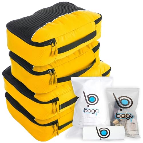 bago 7 Pcs Packing Cubes for Suitcases - 4 Travel Cubes with 3 ZipLock Bags - Luggage Organizer Bags to Get Maximum Storage, Save Time & Effort to Pack - Happy Traveling (Yellow) - color: Yellow, size: 4pcs Set