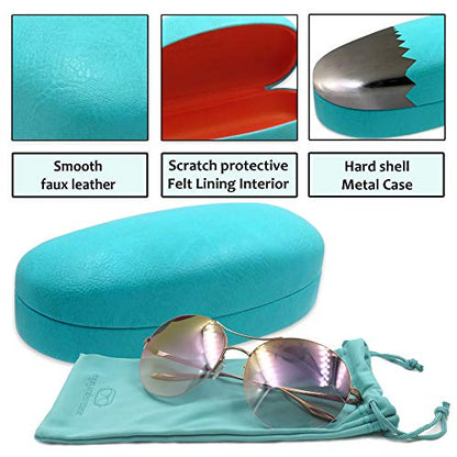 MyEyeglassCase Hard Sunglasses case - Women Glasses Case Holder - Large Durable Eyeglass Case Hard Shell with Pouch & Cloth - color: As113 Teal