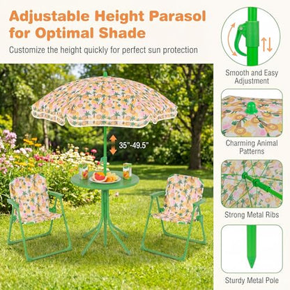 HONEY JOY Kids Picnic Table, Animal Themed Toddler Outdoor Table and Chair Set, 2 Folding Chairs & Removable Umbrella, Children Outdoor Furniture for Backyard Patio Garden (Green Lion) - color: Green Lion