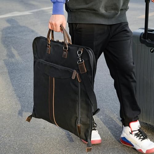 Polare Waxed Canvas Full Grain Leather Trim Garment Carry On Bag for Travel, Foldable Hanging Suitcase Weekender Dust-Proof Garment Waterproof Cover with YKK Zipper and Adjustable Strap (Black) - color: Black