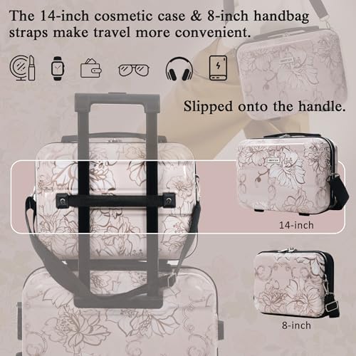 Merax Luggage Set,5 Piece Luggage with Handbag and Cosmetic Case,Harside Printing Suitcase with Wheels,Carry on Luggage Airline Approved(Pink Flower,8/14/20/24/28) - color: Pink Flower, style: 8/14/20/24/28